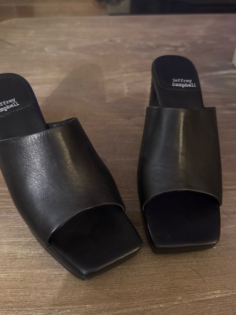 Jeffrey Campbell Black Leather Square-Toe Slide Mules